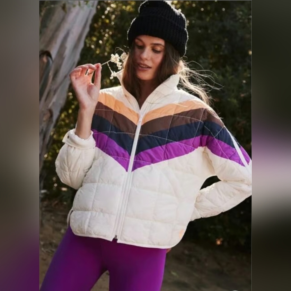 FP Movement x Hatch Printed Puffer Jacket in Ivory Chevron Combo Small NWT